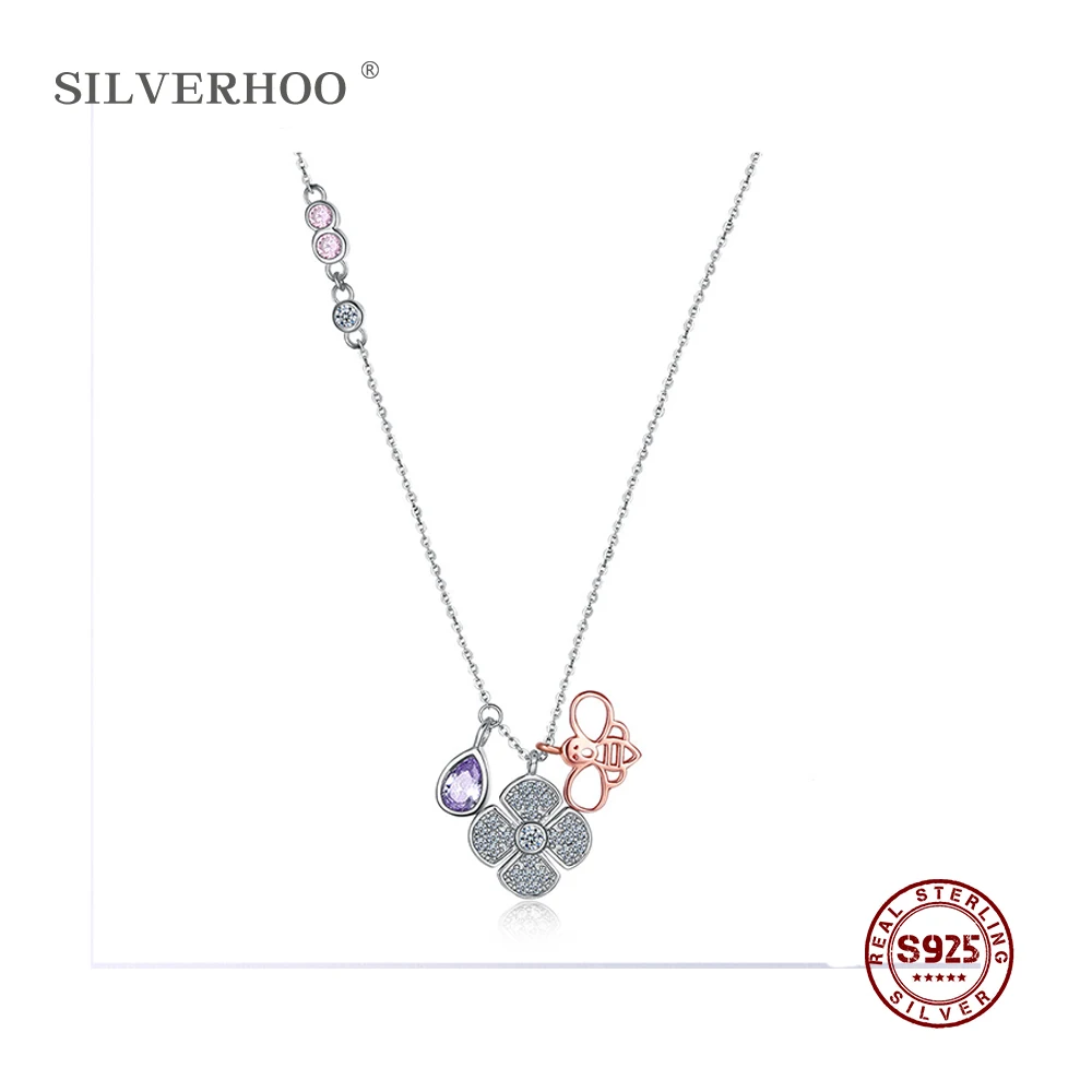 

SILVERHOO Women Flower Bee Pendant Necklace 925 Sterling Silver Multicolor Zircon Fine Jewelry Collar Necklace Women Accessories