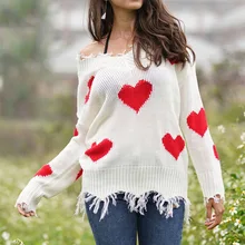 2019 Autumn Sweet Love Heart Women Sweater Casual Loose Tassel Sweater Ladies V-neck Ripped Knitted Pullovers Plus Size S-XL ripped v neck sweater