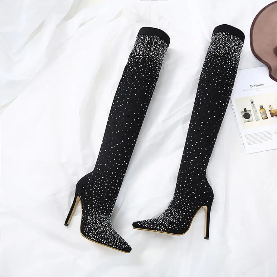 

JX12 2019 The New Fashion Runway Crystal Stretch Fabric Sock Boots Pointy Toe Over-the-Knee Heel Thigh High Woman Boot