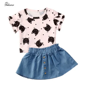 

1-6YKid Baby Girls Clothes Sets Cartoon Animal Print Short Sleeve Pink T Shirts Tops Blue A-Line Skirts