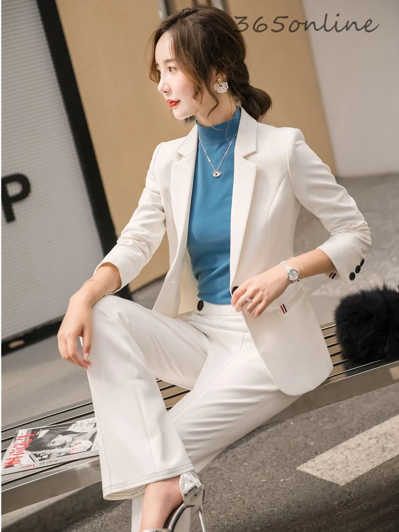 

Novelty White Fashion Styles Autumn Winter Women Business Suits with 2 Piece Set Wide Legs Pants and Jackets Coat Ladies Blazers