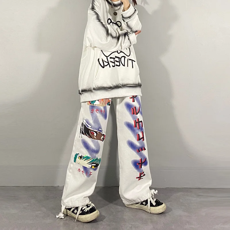 

QWEEK Hip Hop Wide Leg Pants Women Japanese Streetwear Cartoon Graffiti Pants Women Korean Style Loose Trousers Aesthetic Pants
