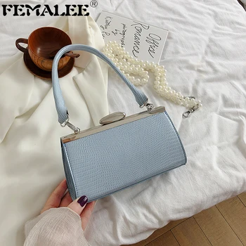 

Women Crocodile Pattern Clip Handbag Fashion Korean Pearl Chain Shoulder Crossbody Bag Lady Luxury Alligator Totes Solid Purse