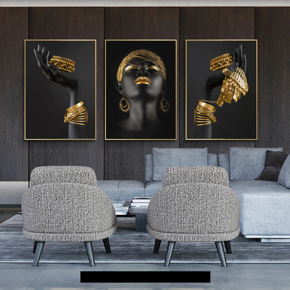 African Woman Holding Gold Jewelry Canvas Posters and Prints Black Models Art Paintings on the Wall Art Pictues For Living Room