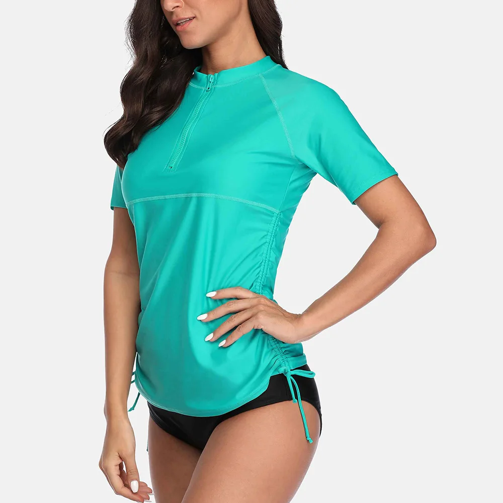 Charmleaks Women Short Sleeve Rash Guard Shirts Zip Front Swimwear Rashguard Top Side Bandaged Surf Top Diving Shirt UPF 50+ rash guard surfing swimsuit