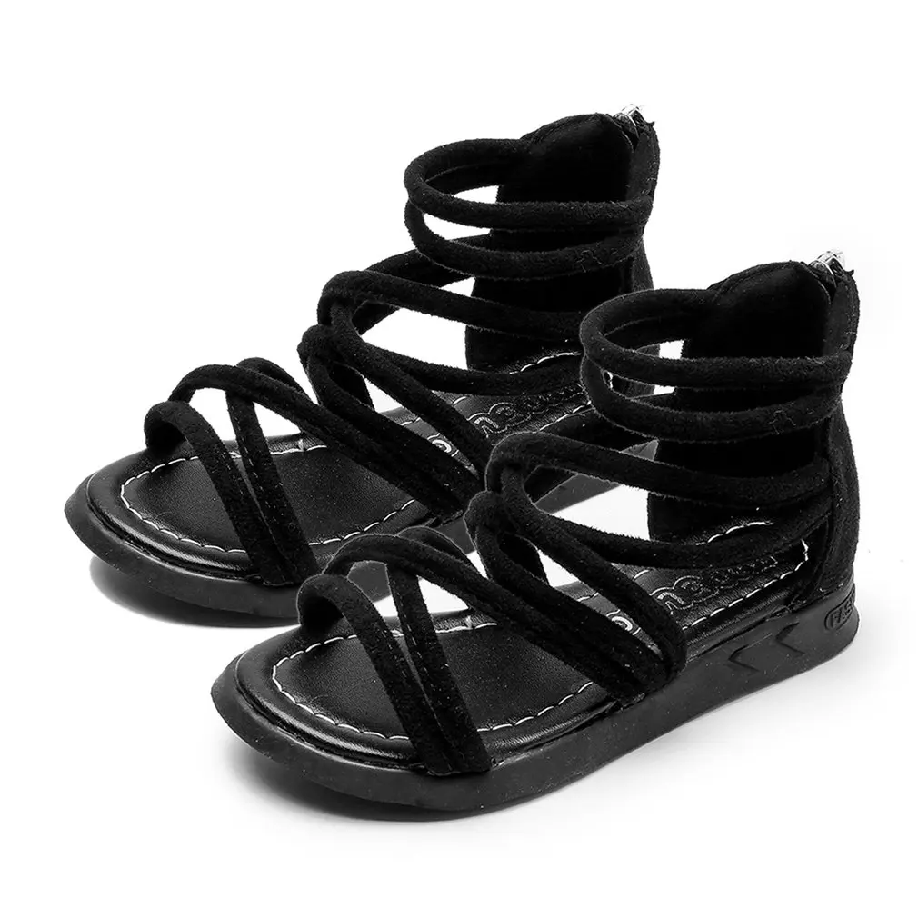 

Fashion Solid Color Girls Beach Sandals Suede Leather Upper Back Zipper Summer Shoes Cross Strap Flat Baby Shoes