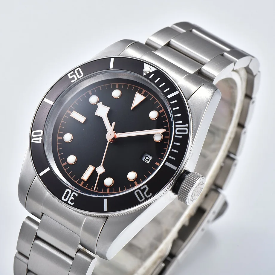 

Luminous pointer date automatic mens watch 41mm movement 316L case black sterile dial date 01