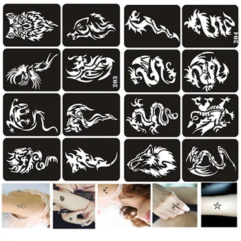 

16pcs/set Big Size Henna Tattoo Stencils for Painting Dragon Wolf Airbrush Stencil Reusable Glitter Stencil Templates Pochoir