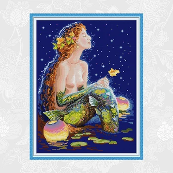 

Mermaid under the stars Counted Printed Canvas Embroidery Handmade Accessories Needlework 14ct 11ct Aida Cross Stitch kits