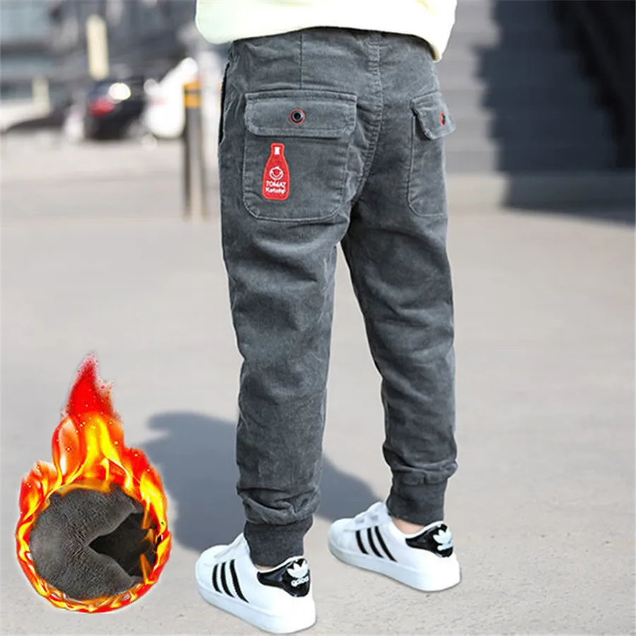 Winter Teenage Boys Warm Thick Pants Cotton Pockets Kids Sports Fleece Lined Pants For Boys Autumn 6 8 10 12 Year Kids Clothes