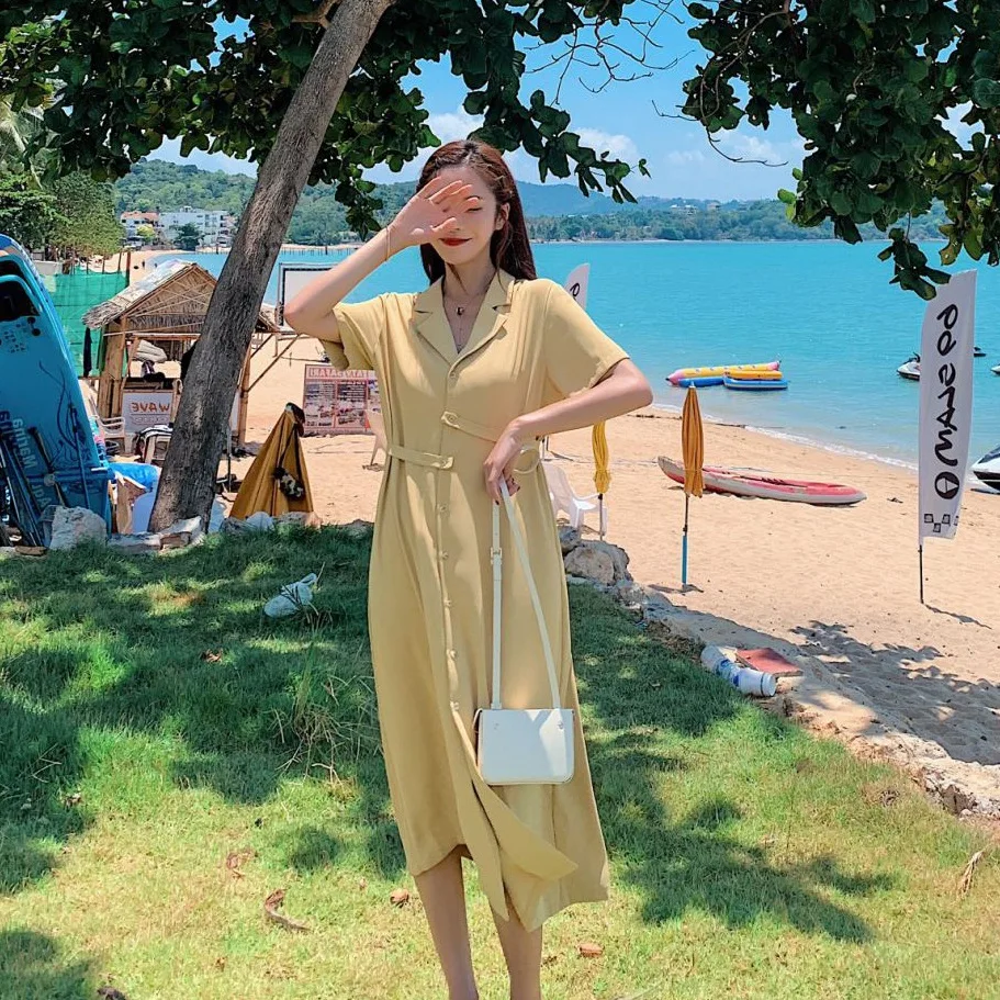 

Photo Shoot Vigorous GIRL'S Design Drape Yellow Elegant Ol Chic Waist Hugging Suit Collar Single Breasted Shirt Dress