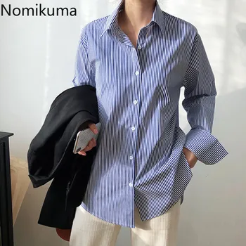 

Nomikuma Blue White Striped Women Blouse 2020 Spring Autumn New Korean Causal Tops Office Ladies OL Style Blusas Shirt 3Z057