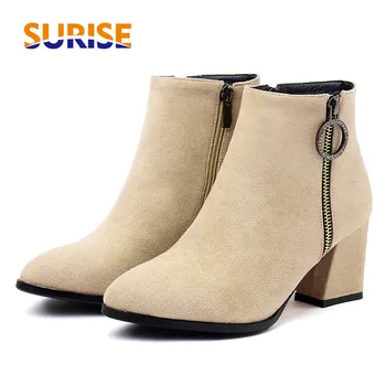 

Sweet Winter Women Ankle Boots Beige Black Flock High Block Heels Casual Ladies Square Toe Crystal Ring Zipper Plush Short Boots