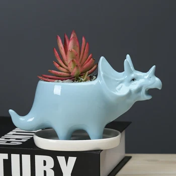 

Ceramic Flowerpot Triceratops Design Succulent Pot With Tray Desktop Dinosaur Flower Pot Planter Home Garden Decoration #