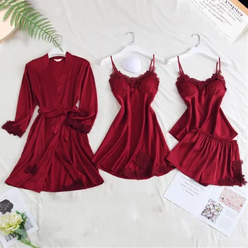 

Burgundy Nightwear Kimono Robe Sleep Set Women 4PCS Pajamas Suit Home Clothing Strap Top Pants Gown Warm Sleepwear Nightgown