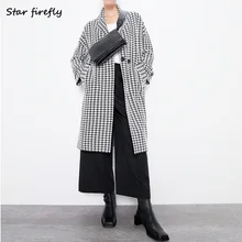 Клетчатое пальто с двойной пряжкой и карманом, с длинным рукавом, с отворотом, женское,, повседневное, свободное, с узором "гусиная лапка", длинное пальто для женщин