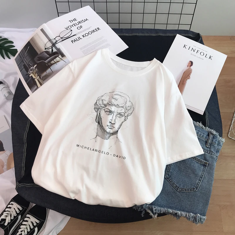 Ulzzang Harajuku Funny Black and White Drawing David Printed Short Sleeve T-Shirt Loose O-neck Casual Women T-Shirt Tee Tops