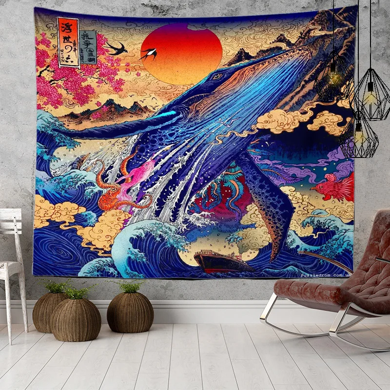 

Japanese blanket big tapestry wave whale arowana wall hanging fabric bohemian bed boho home decor tapestry sea sun sunlight