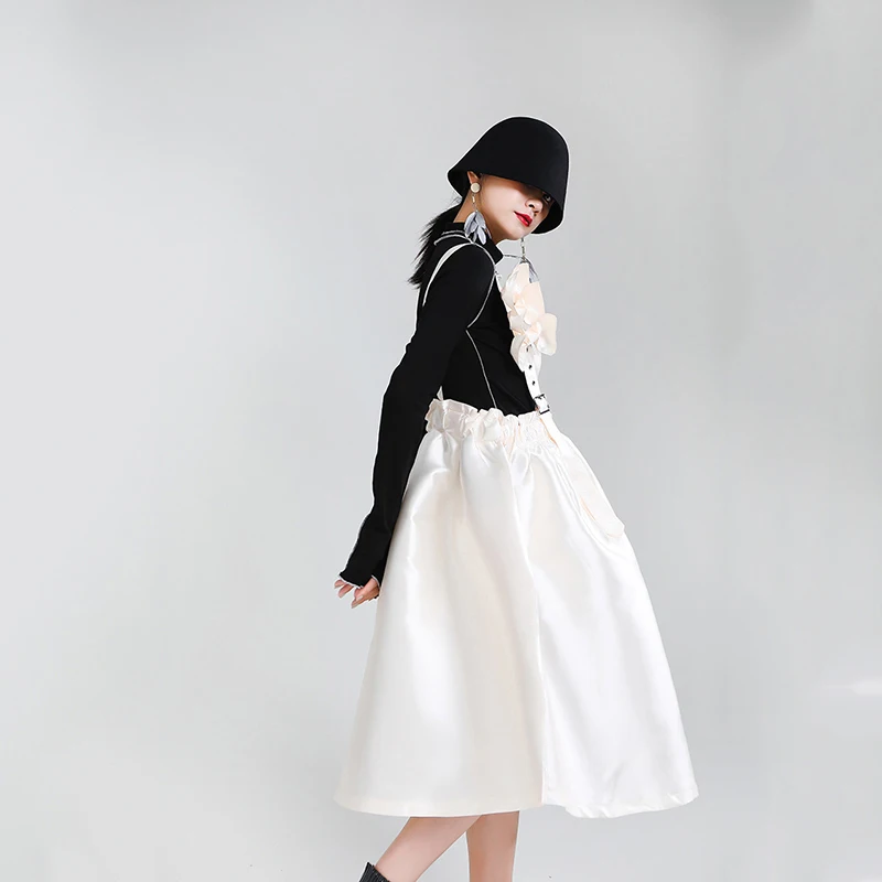 [EAM] Women Black Bow Split Joint Buckle Temperament Dress New Sleeveless Loose Fit Fashion Tide Spring Autumn 2020 1Z663