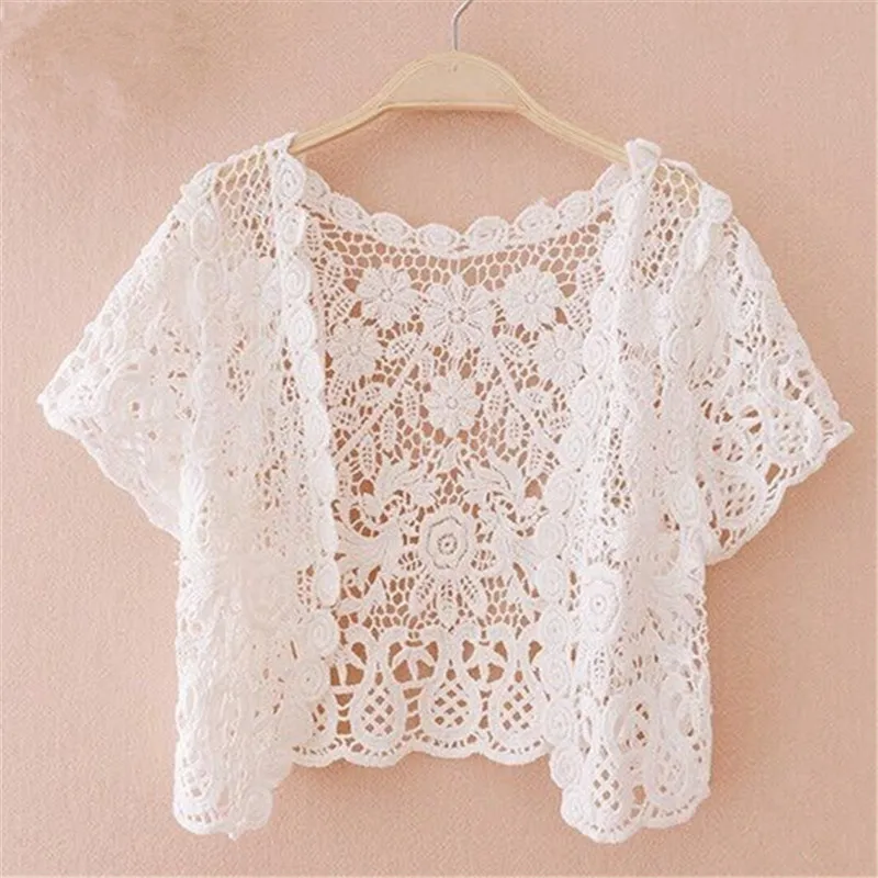 Women's Short Sleeve Shrug Bolero Lace Sheer Bridal Summer Jacket Cape White/Black