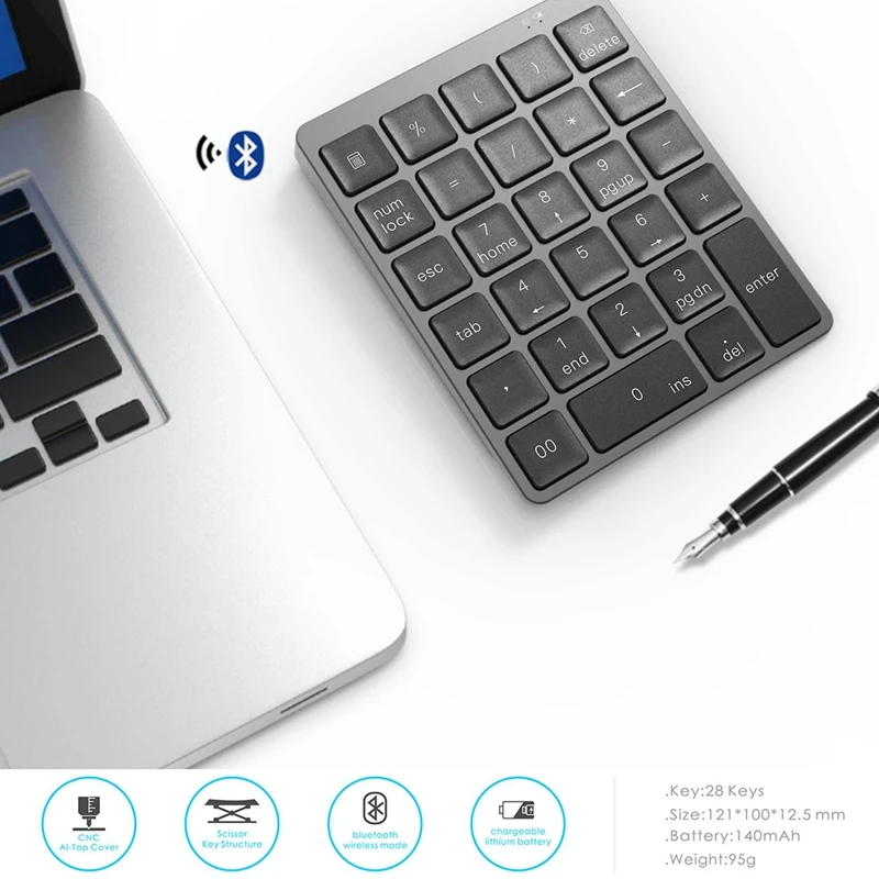 Алюминиевая Bluetooth клавиатура N960 28 клавиш USB зарядка ультратонкая беспроводная