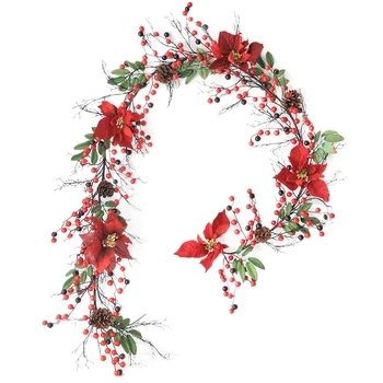 

Artificial Garland with Red Berries and Holly Leaves, Pine Cone Garland for Holiday Fireplace Stairs Table Decorations