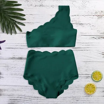 

2020 Women Two Pieces Swimwear Lady Vintage High Waisted Swimsuit Two Pieces Scalloped Trim One Shoulder Bikini Summer Biquini