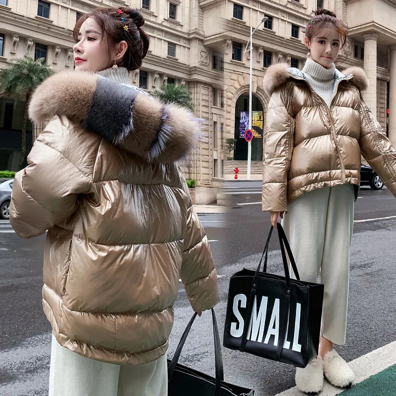 

Photo Shoot Autumn And Winter New Style Reversible Bright Surface Fashion down Jacket Women's Silver Online Celebrity Live Large
