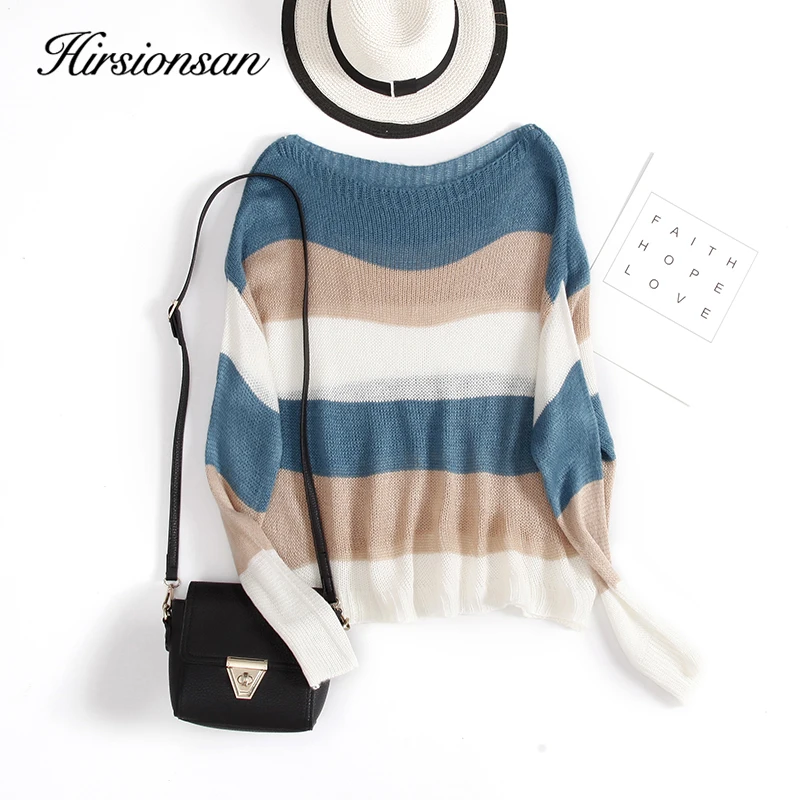 Hirsionsan Elegant Sweater Women 2019 Autumn Oversized Sexy Stripe Splice Solid Knitted Cool Loose High Quality Tops | Женская одежда