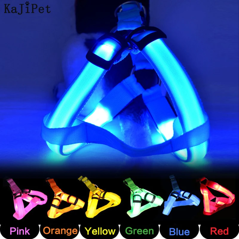 Arnés de seguridad LED de nailon para mascotas, producto para perro, Con luz intermitente, correa, Collar, chaleco, suministros para mascotas
