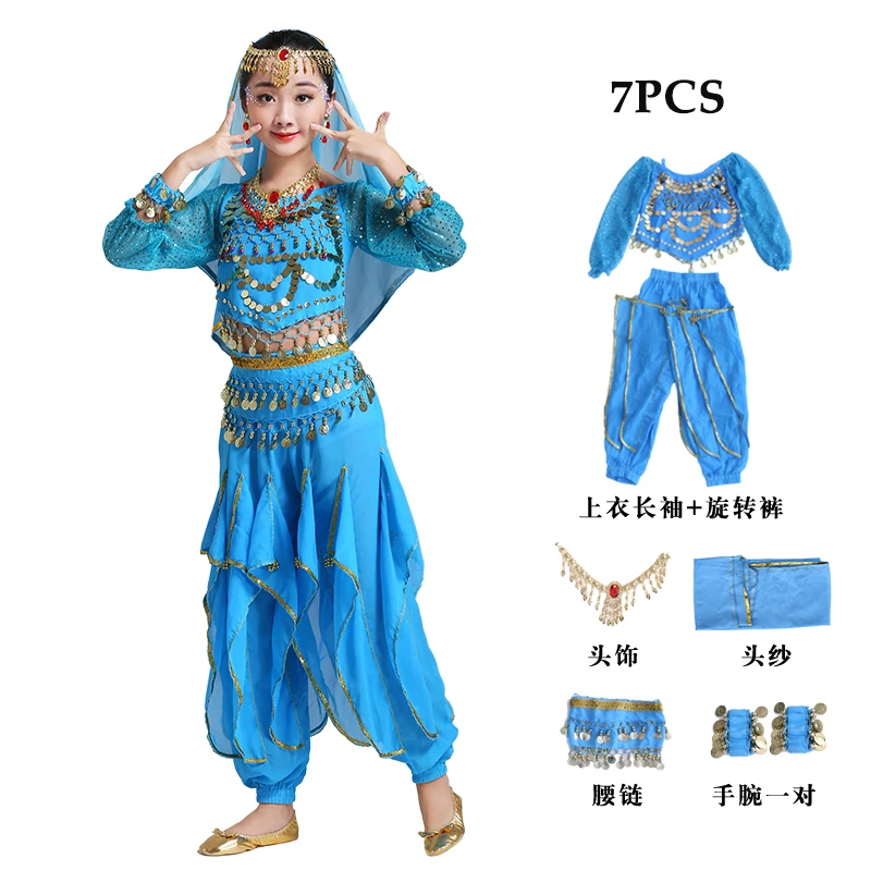 as picture 7pcs Детские костюмы для танца живота для девочек, детские костюмы для танцев Болливуда, индийские ювелирные изделия, Одежда для танцев, комплект одежды из 4 предметов Dqs2579 - Цвет: as picture 7pcs
