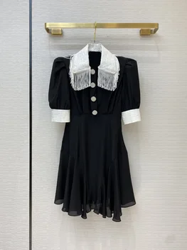 

High Quality Black Short Dress 2020 Summer Women Luxury Brand Elegant Style Tassel Embroidered Sequin Waist Pleated Mini Dresses