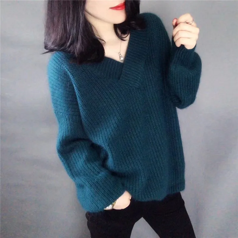 Loose Casual Lantern Sleeve Mohair Thicken Sweater Women Fashion Trend Simple V-neck Solid Color Pullover Sweater