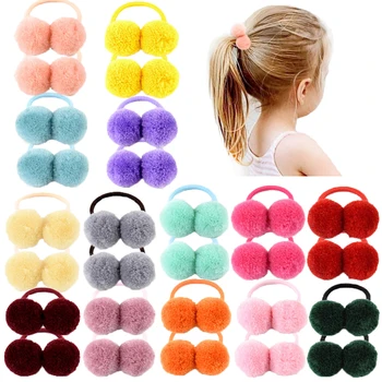 14pcs/lot 1.4″ Small Solid Double Fur Ball With Elastic Rope Handmade Hair Band For Kids Girls Hair Accessories