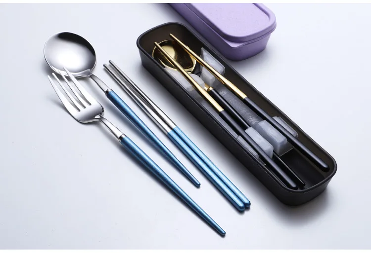 304 Stainless Steel Hollow Handle Portugal Portable Tableware Colorful Color Plated Mute Travel And Fork Spoon Chopsticks Box Se