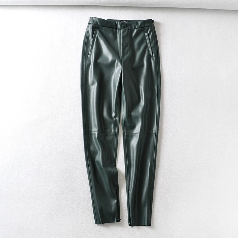 Tangada Женские Зеленые Черные обтягивающие штаны из искусственной кожи стрейч на молнии женские осенние зимние узкие брюки 6A344 - Цвет: dark green
