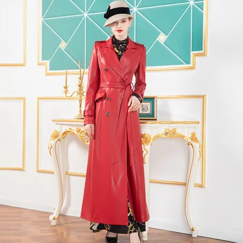 

2020 Leather Trench Coat Autumn Winter Women Double Breasted Red PU Long Overcoats Plus Size Windbreaker DZ1248