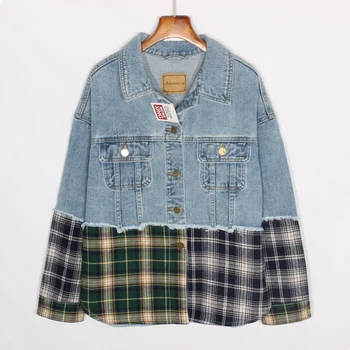 

2020 Autumn New Korean Fashion Plaid Shirt Splice Denim Jacket Women Outerwear Fashion Mid Long Loose Jeans Jacket Coat Female