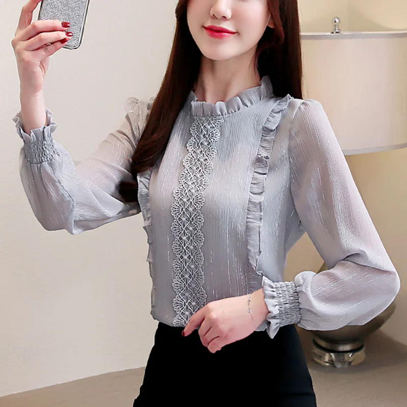 Новая мода 2019 Осенняя блузка женская с длинным рукавом пышным и круглым вырезом