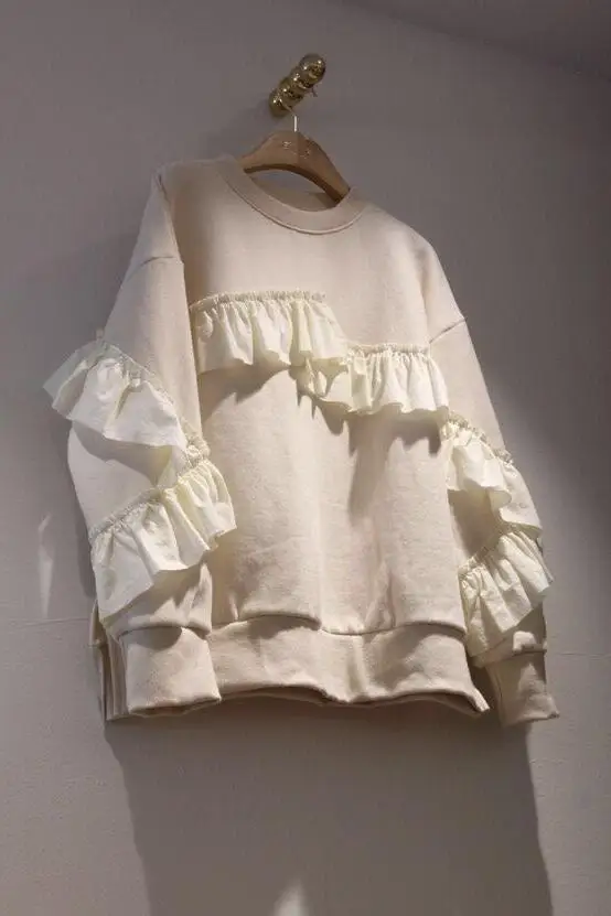 

Autumn 2019 Sanitary Clothing Wear Round-collar Stitching Lotus Leaf Edge Sleeve Sanitary Clothing Pullovers Sweatshirt Women