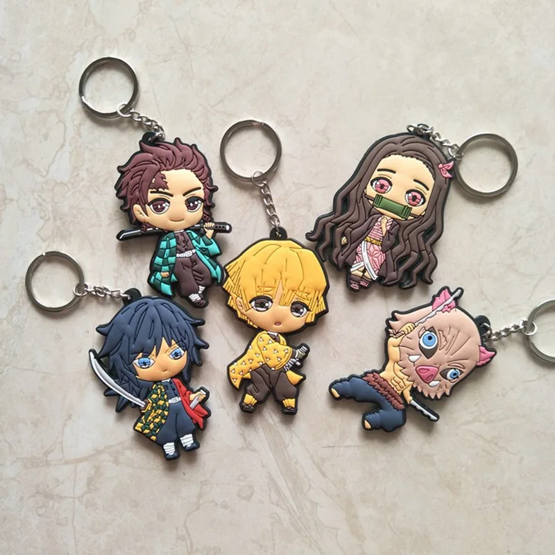 Anime Demon Slayer Kimetsu no Yaiba Keychain Cartoon Figure Rubber Pendant KeyRing