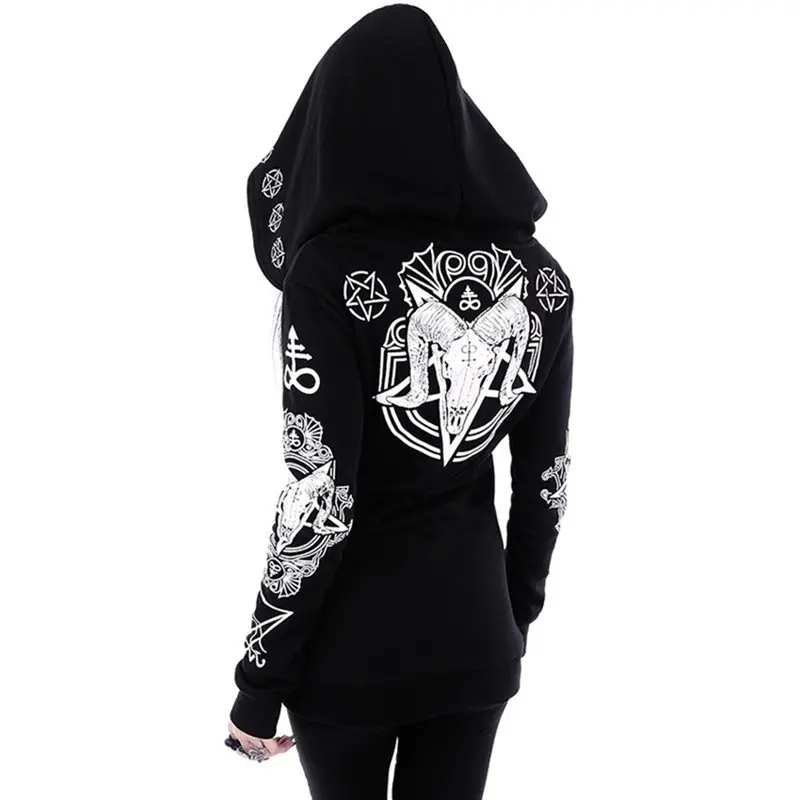  Rosetic Black Hoodie Sweatshirt Women Plus Size Coat Punk Gothic Print Hooded Hipster Streetwear Bi