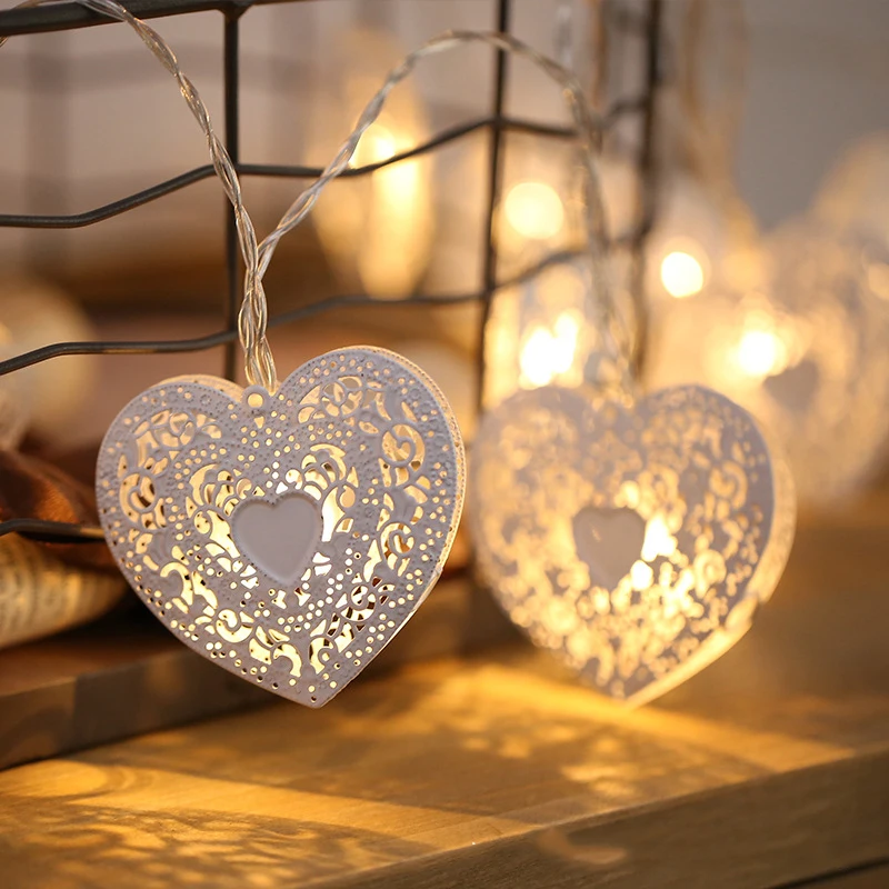 

LED Fairy White Metal Hollow Lace Heart Battery USB String Lights Guirlande Led Noel Decor For Christmas Garland On The Window