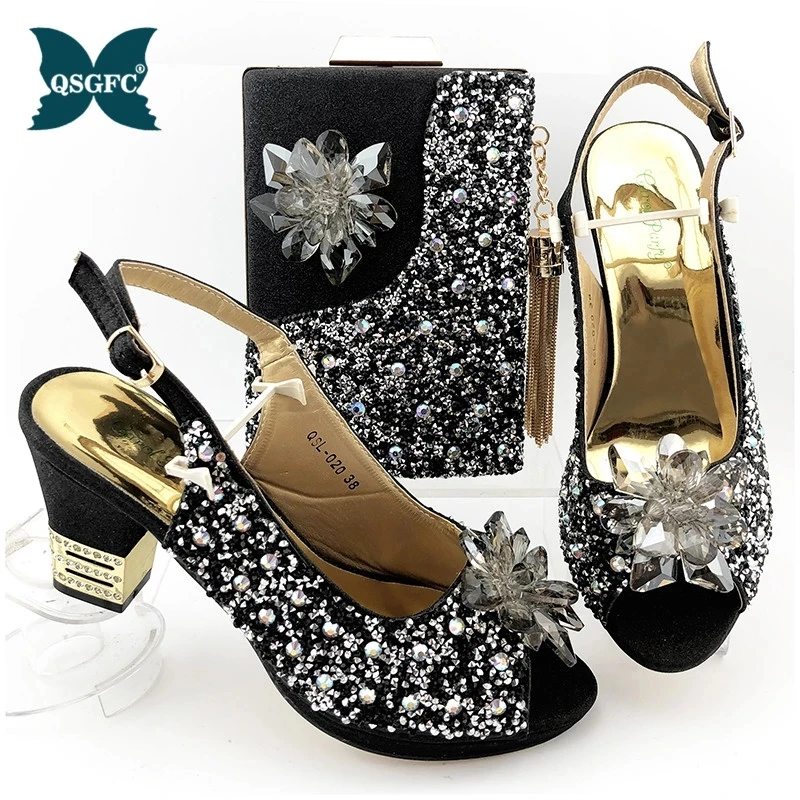 

New Arrivals Italian Design Nigerian Women Shoes and Bag To Match High Quality with Shinning in black color Crystal For Wedding