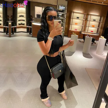 

Summer Two Piece Set Women O Neck Short Sleeve Shirt Crop Top And Bodycon Pants Tracksuits Casual Sexy Club Party Matching Suits