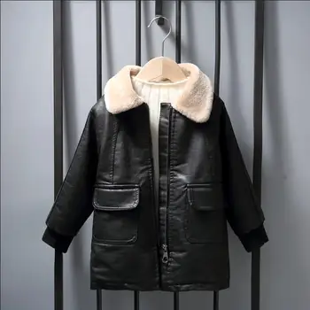 

kids clothes boys Plus velvet warm PU leather jackets Winter New children lapel thicker trench outerwear modis kids coats Y2559