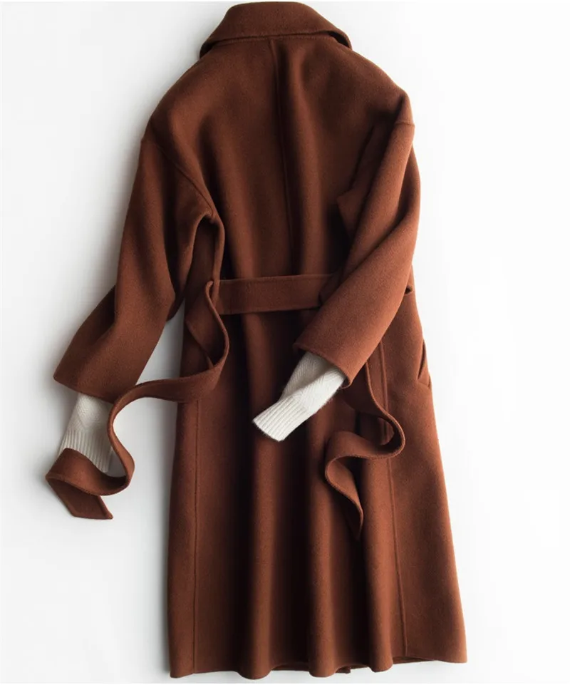 Осенне-зимнее Новое Женское двустороннее шерстяное пальто Модное Длинное офисное Женское шерстяное пальто элегантное с поясом, верхняя одежда R993