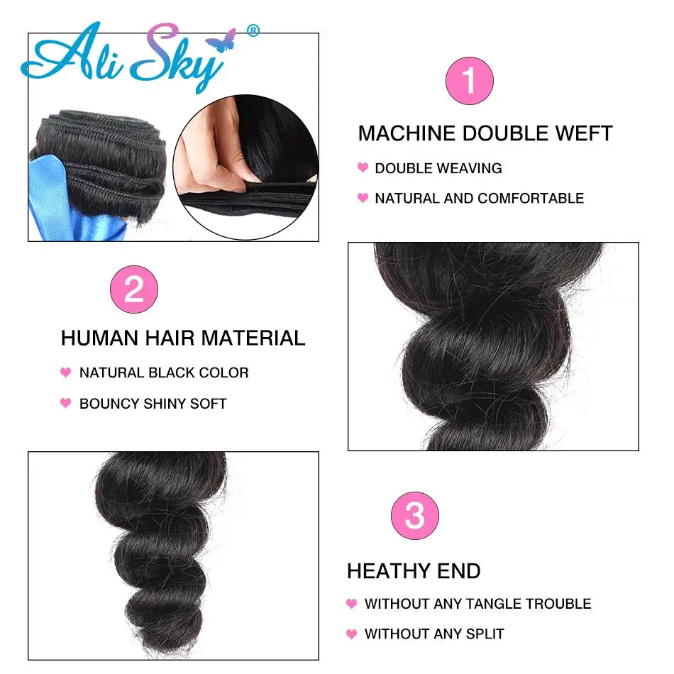  Alisky Malaysian Loose Wave 4 Bundles With 5*5 Lace Closure Free/Middle/Three Part Remy Natural Col