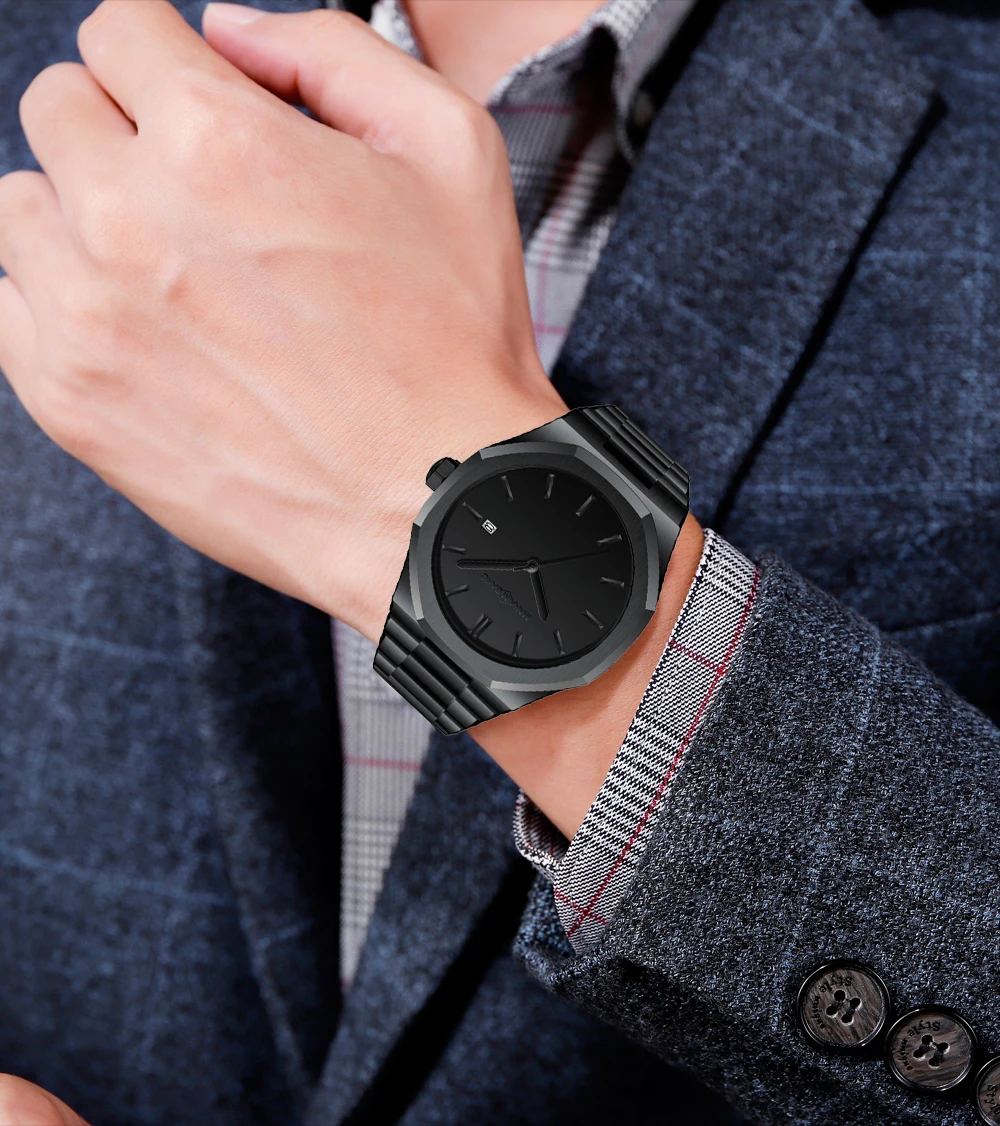 Original Top Brand All Black Stainless Steel Men's Wristwatch Classic Business Waterproof Japan Movement Quartz Watch For Men
