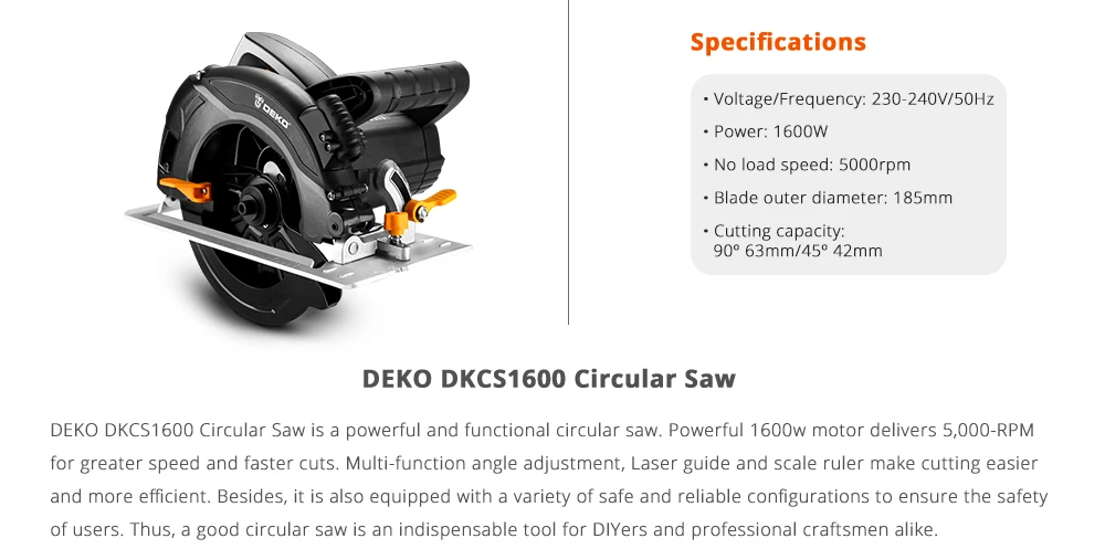 DEKOPRO DKCS1600 Hand-held Home Multi-function High Power Circular Saw Machine for Stone/Wood/Metal/Tile Cutting